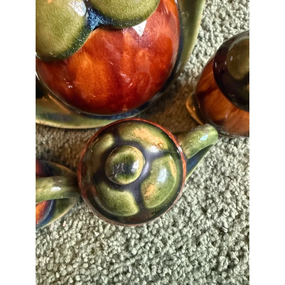 Vintage Mangosteen Ceramic Tea Set Teapot and 3 Lidded Cups Fruit Design Glazed